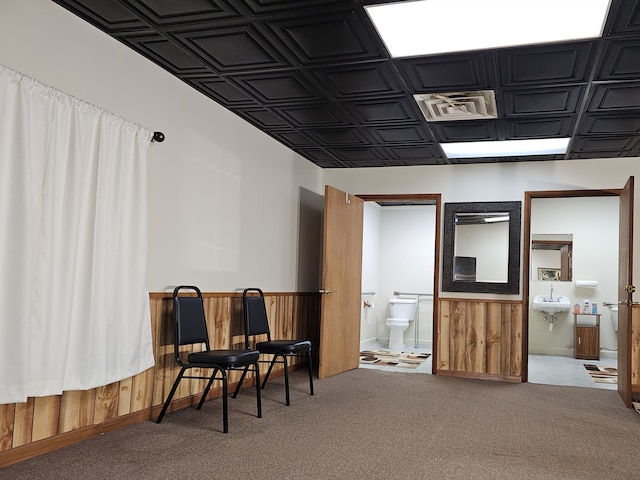 living area with carpet flooring and sink