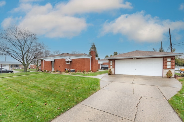 ranch-style home with a garage and a front yard