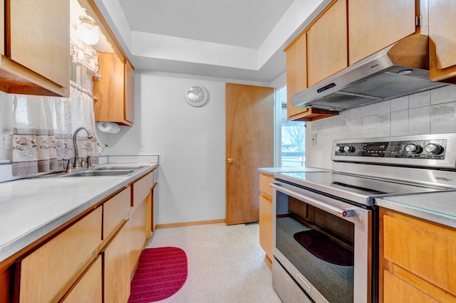 kitchen with stainless steel electric stove, sink, and exhaust hood