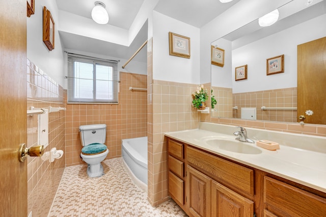 full bathroom with vanity, bathing tub / shower combination, tile patterned floors, toilet, and tile walls