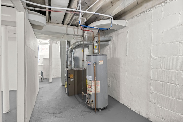 utility room featuring heating unit and water heater