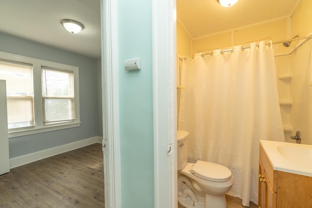 full bathroom featuring toilet, vanity, wood finished floors, and a shower with shower curtain