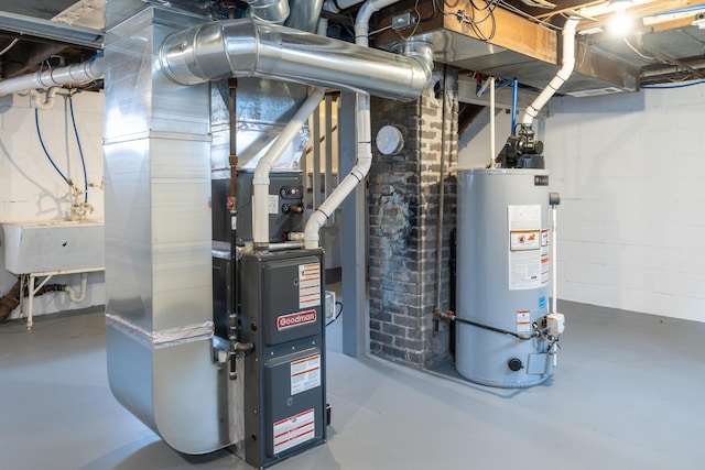 utility room featuring water heater and a sink