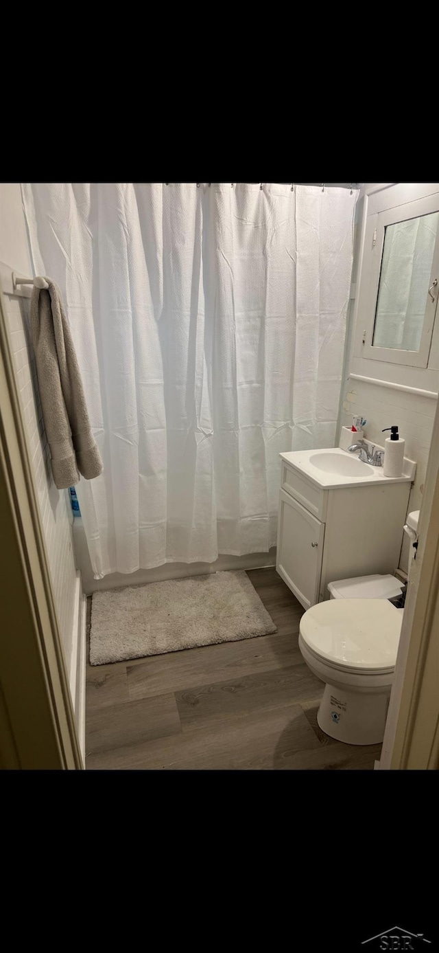 bathroom with wood-type flooring, vanity, and toilet