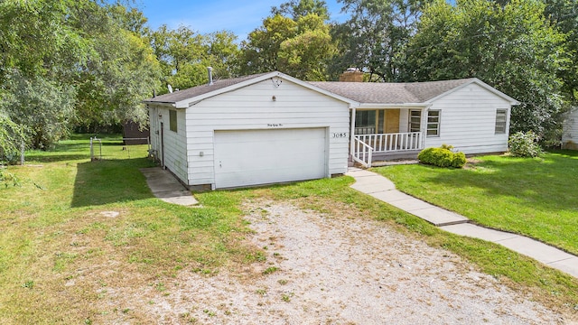 ranch-style home with a front lawn, a porch, and a garage