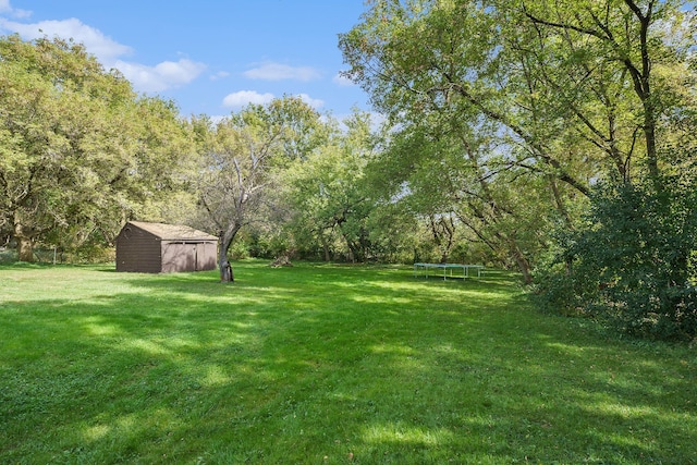 view of yard with a trampoline and an outdoor structure