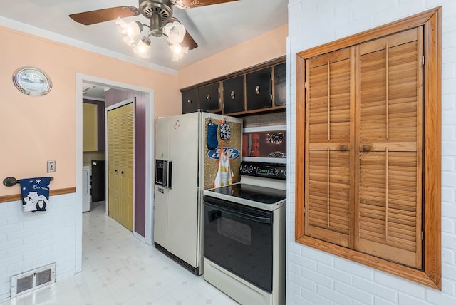 kitchen with white range with electric cooktop and ceiling fan