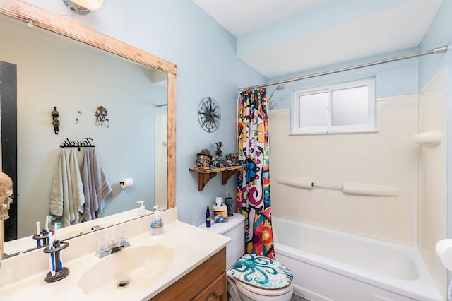 full bathroom featuring vanity, shower / tub combo, and toilet