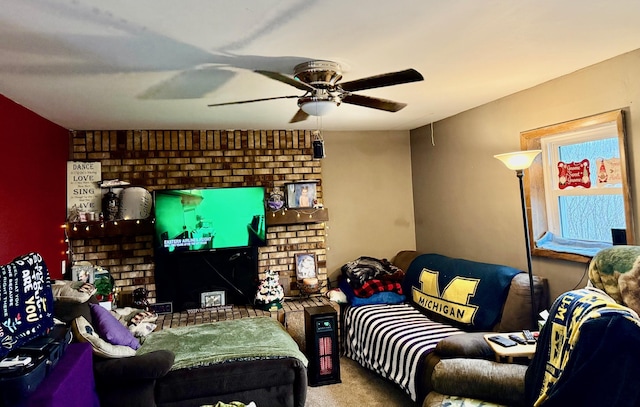 living room featuring carpet flooring and ceiling fan