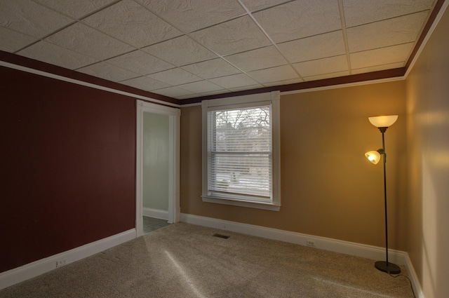 carpeted spare room with a drop ceiling and crown molding