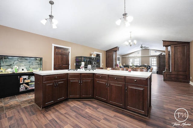 kitchen featuring dark brown cabinetry, a kitchen island with sink, and dark wood-type flooring