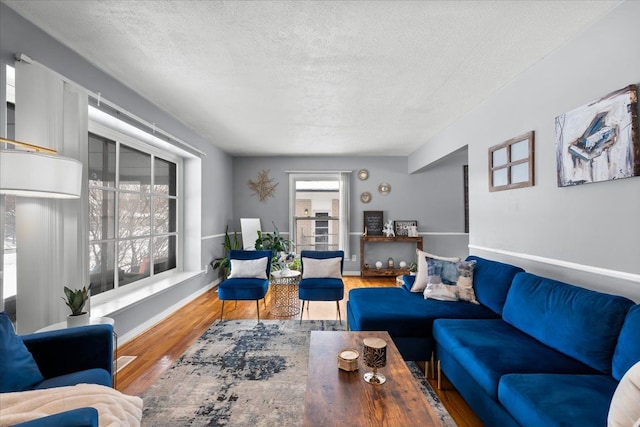 living room featuring a textured ceiling and hardwood / wood-style flooring