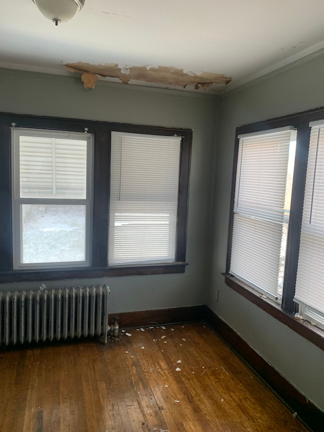 empty room featuring crown molding, radiator heating unit, and hardwood / wood-style flooring