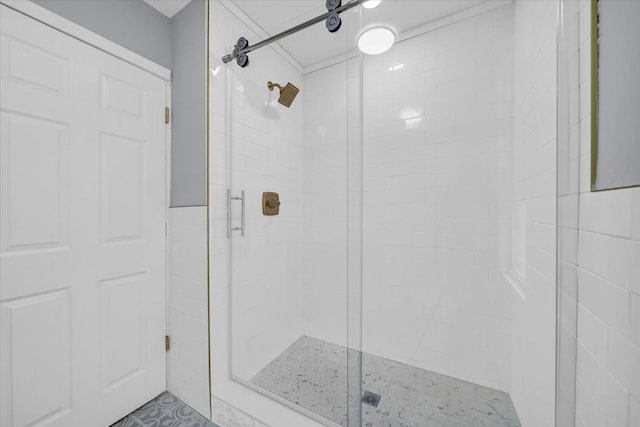 bathroom featuring a shower with door