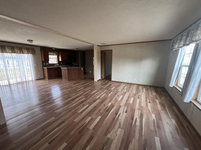 unfurnished living room featuring sink, dark wood-type flooring, a textured ceiling, and ornamental molding