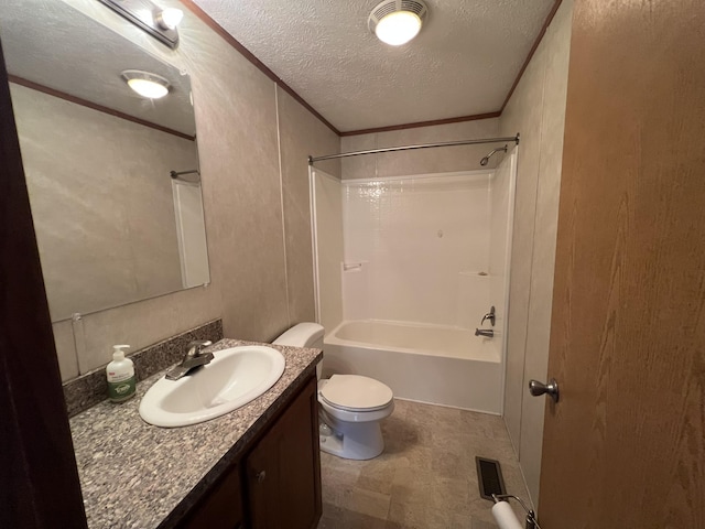 full bathroom featuring vanity, toilet, ornamental molding, a textured ceiling, and shower / bathtub combination