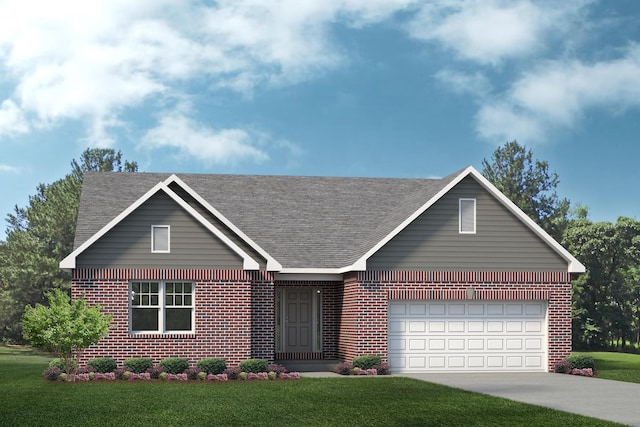 view of front of home with a garage and a front lawn