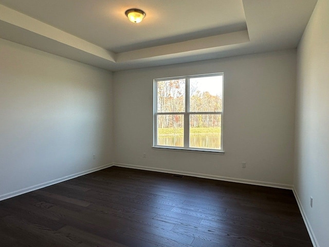 unfurnished room featuring dark hardwood / wood-style flooring and a tray ceiling