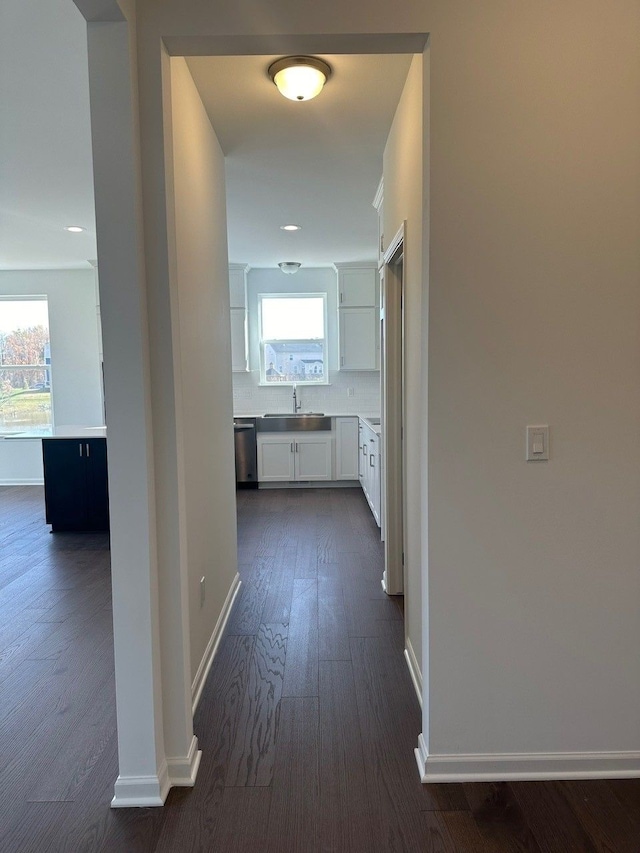 hallway featuring dark hardwood / wood-style flooring, plenty of natural light, and sink