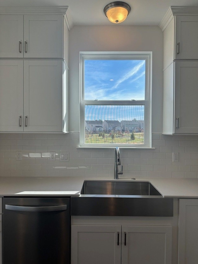 kitchen with white cabinetry, stainless steel dishwasher, tasteful backsplash, and sink