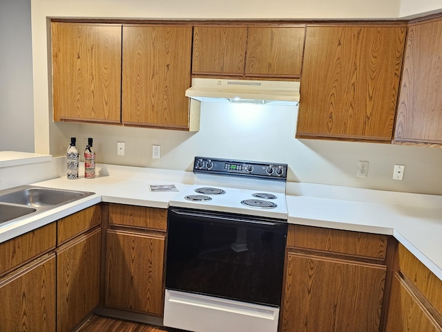 kitchen featuring electric range oven, dark hardwood / wood-style floors, and sink