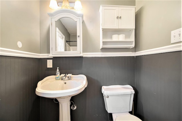 bathroom with wood walls and toilet