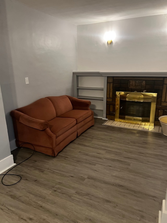 living room with a fireplace and hardwood / wood-style flooring