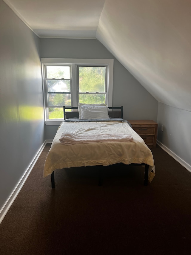 carpeted bedroom with lofted ceiling