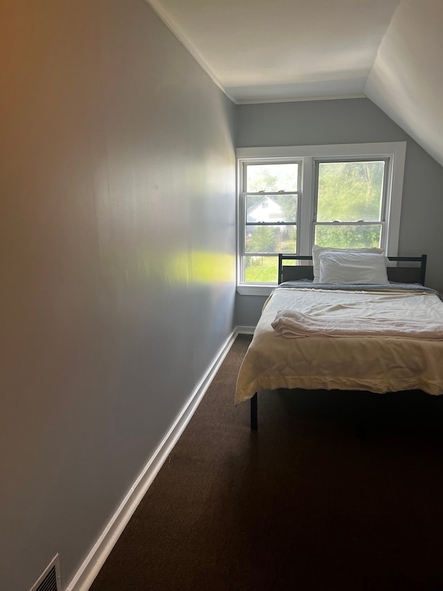 carpeted bedroom featuring vaulted ceiling