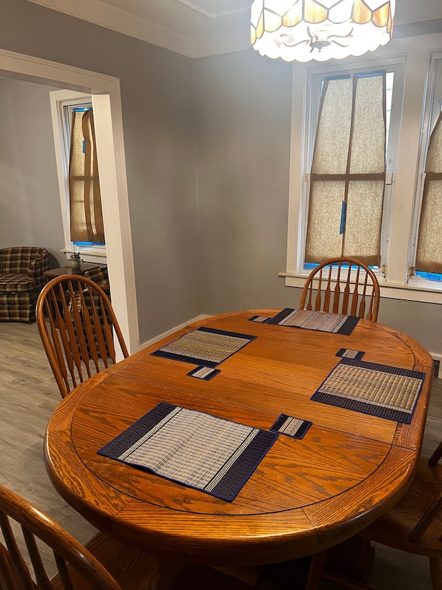 dining space with hardwood / wood-style flooring