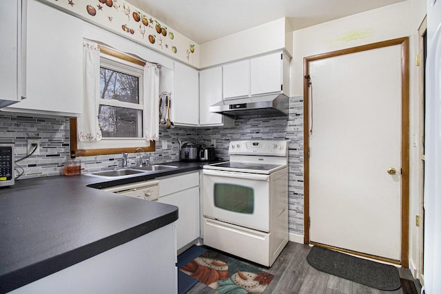 kitchen featuring ventilation hood, white range with electric cooktop, white cabinets, and sink