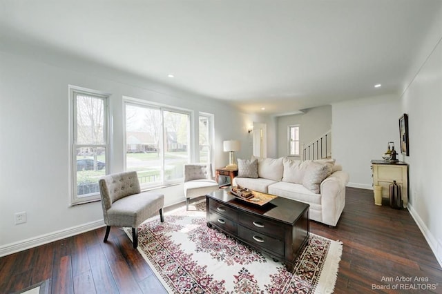 living room featuring dark wood-type flooring