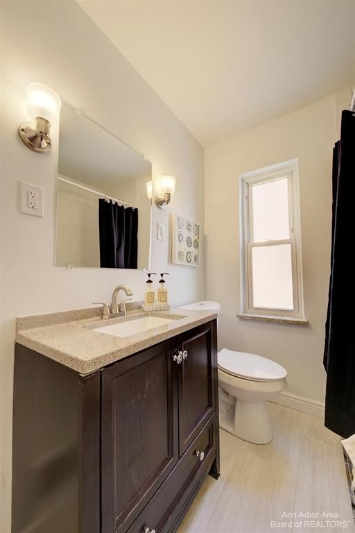 bathroom with walk in shower, vanity, wood-type flooring, and toilet