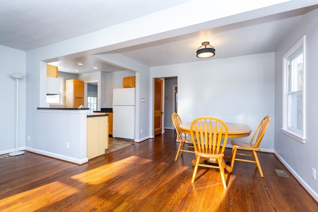 dining room featuring dark wood-type flooring and a wealth of natural light