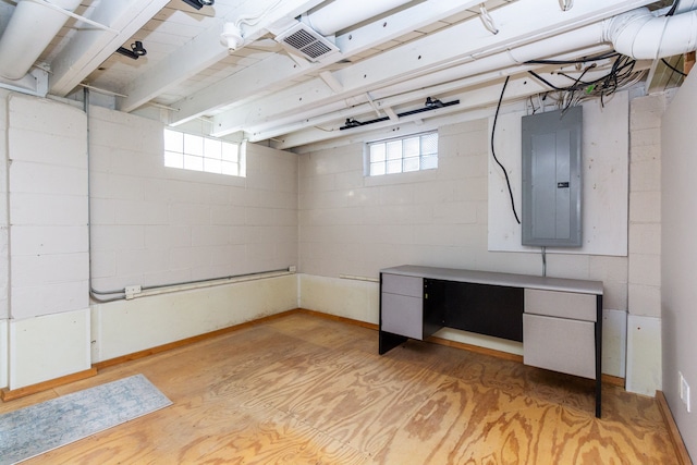 basement featuring electric panel and plenty of natural light