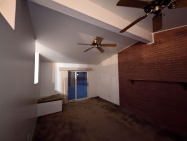 bonus room with vaulted ceiling with beams, ceiling fan, and carpet floors