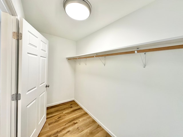 walk in closet with light wood finished floors