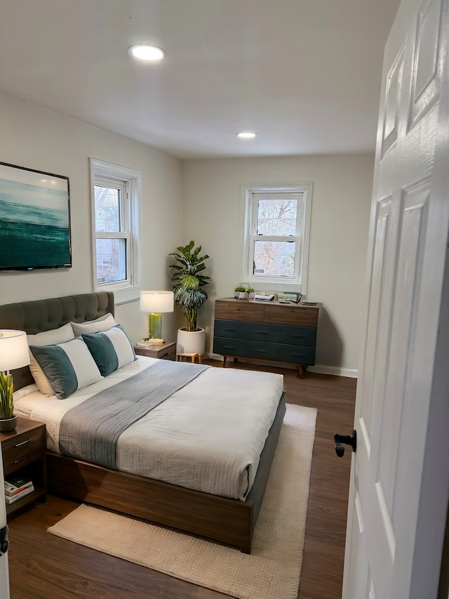 bedroom with dark hardwood / wood-style floors