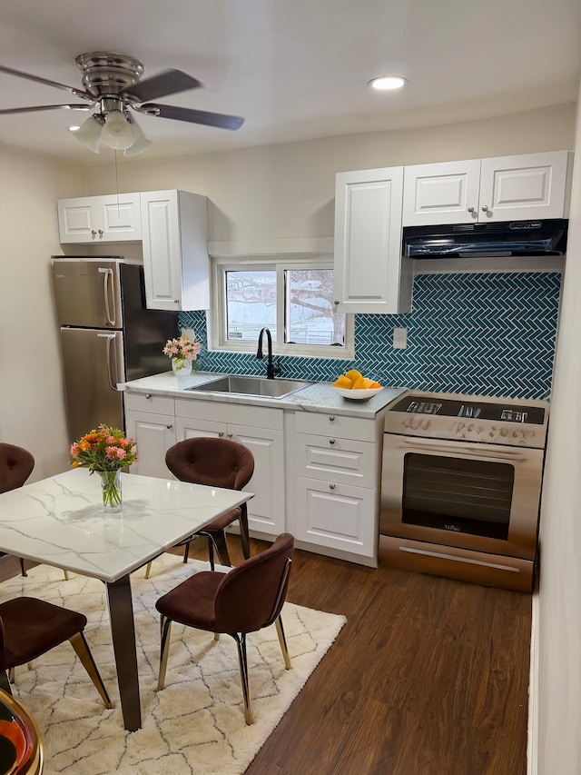 kitchen featuring white cabinetry, sink, stainless steel appliances, dark hardwood / wood-style floors, and backsplash