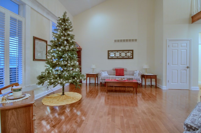 sitting room featuring high vaulted ceiling and light hardwood / wood-style flooring