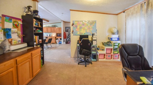 carpeted office space with crown molding, lofted ceiling, and a textured ceiling