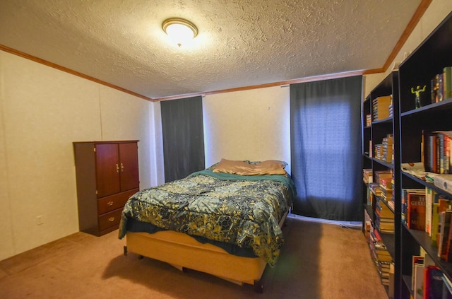 bedroom with carpet, a textured ceiling, and ornamental molding