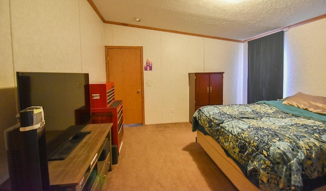 bedroom with light carpet, a textured ceiling, vaulted ceiling, and ornamental molding