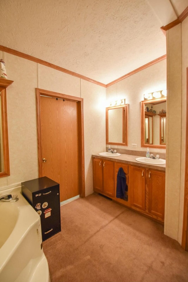 bathroom with a washtub, vanity, a textured ceiling, and ornamental molding