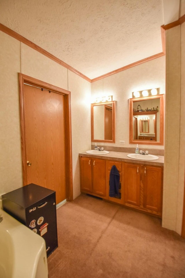 bathroom with vanity, ornamental molding, and a textured ceiling