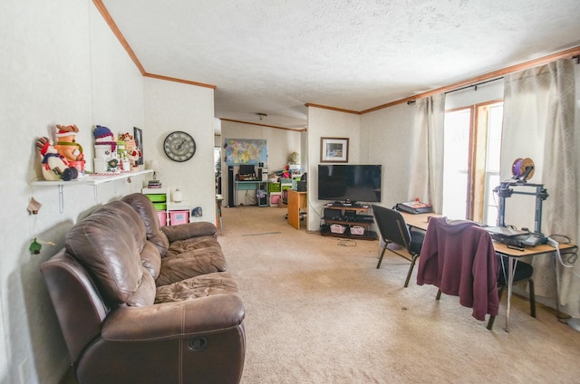 carpeted living room featuring a textured ceiling and ornamental molding