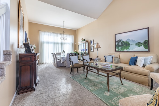 living room featuring lofted ceiling