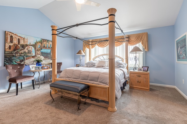 bedroom featuring ceiling fan, carpet floors, and lofted ceiling