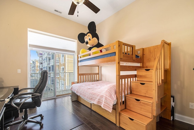 bedroom featuring access to exterior, ceiling fan, and dark hardwood / wood-style flooring