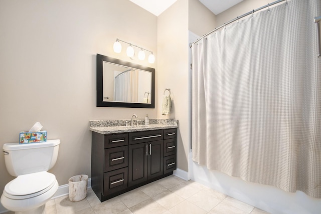 full bathroom featuring tile patterned flooring, vanity, toilet, and shower / bath combo with shower curtain